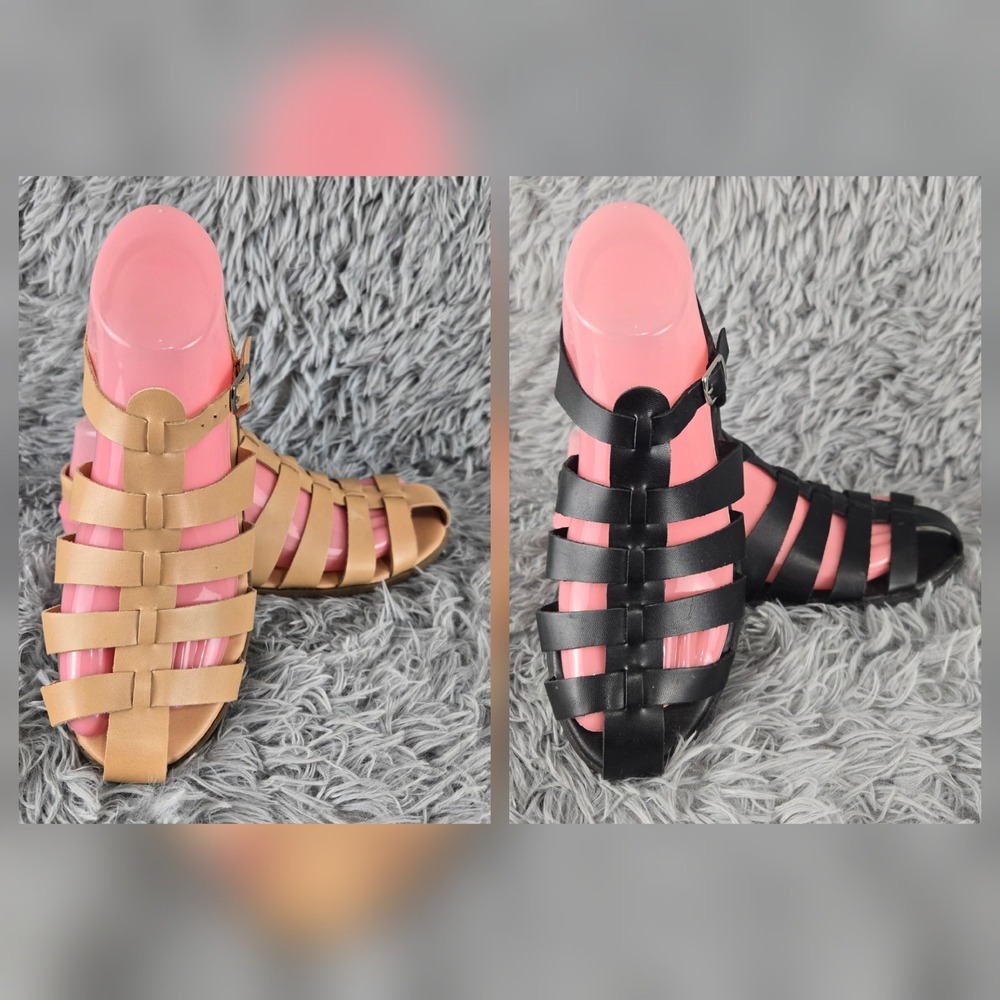 Old Navy Womens 4 Tan and‎ Black Faux Leather Fisherman Cage Flat Sandals Duo